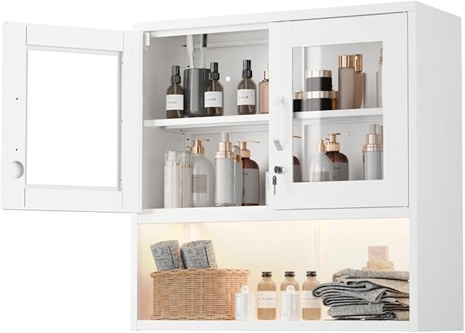 VINGLI Metal Wall Cabinet with Locking Glass Doors & Magnetic LED Sensor Light, Adjustable Shelf, Wall Mounted Storage Display Cabinets for Garage, Kitchen, Home Office, Warehouse, Living Room, White