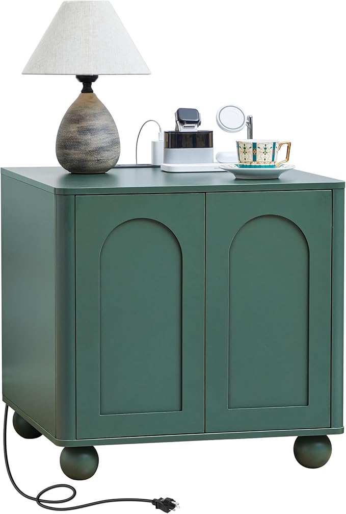 Bed Side Table with Charging Station, Mid Century Modern Nightstand with 2 Doors, Square End Table with Storage for Couch,Living Room,Small Spaces, Sofa Side Table for Office,Dorm - Green