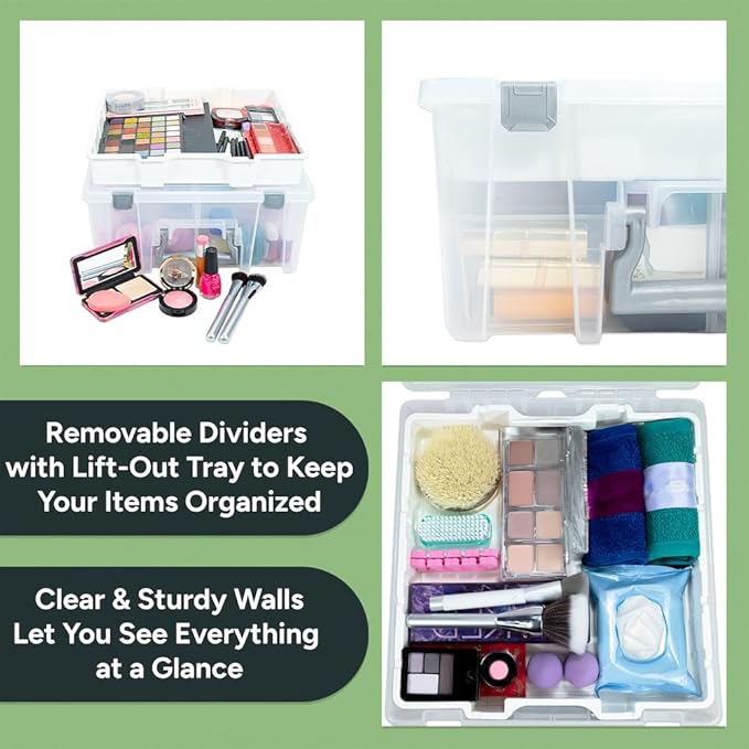 Best Kept Super Satchel Double Deep with Lift-Out Tray and Removable Dividers, Stackable Home Storage Organization Container, Clear with Sliver Latches and Handle