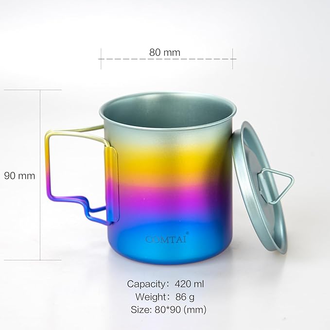 Titanium Camping Pot Mug 15oz (420ml) with Lid and Foldable Handle – Ultralight Camping Cup for Hiking, Backpacking, Outdoor Cooking, Rainbow