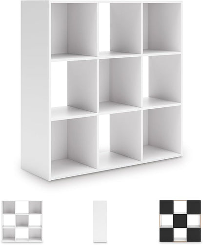 Signature Design by Ashley Onita Modern 3-Tier Floor Standing 9 Cube Organizer for Living Room, Wood, Works with 10.5" W x 10.5" D x 11" H Storage Bin (Sold Separately), White