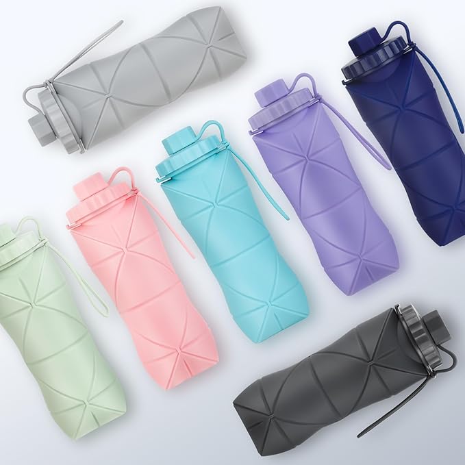 YCT Collapsible Silicone Travel Water Bottle 20oz (600ml), Reuseable Leakproof BPA Free Foldable Sports Bottle, with Carrying Strap, Dark Gray + Purple