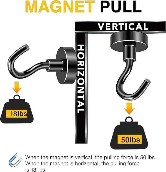 DIYMAG Black Magnetic Hooks, 50 LB Heavy Duty Strong Magnets with Hook, Rare Earth Neodymium Magnet for Cruise Cabins Ship Essentials 12 Packs