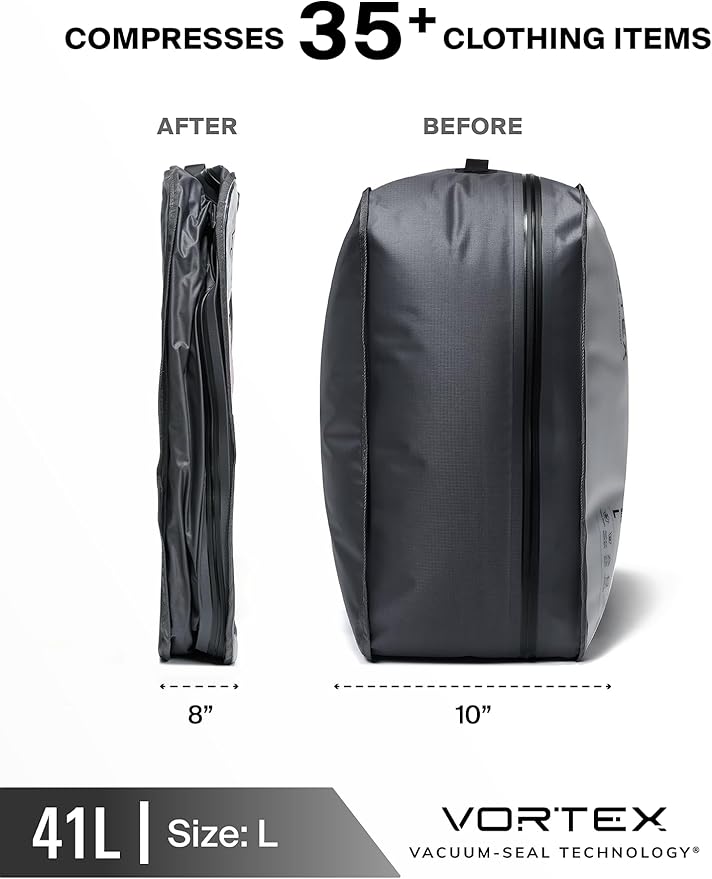 Black Voyage Reusable Vacuum Compression Travel Bag for Carry-On Suitcase and Backpack, Recycled IP67 Waterproof Space Saver Vacpack (2-Pack, 41L - No Pump)
