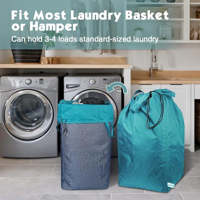Tear Proof Nylon Laundry Bag with Handles (2 Pack),Travel Laundry Bag with Drawstring Closure,Dirty Clothes Bag Fit Most Laundry Hamper or Basket,27.5x34.5 in,Blue Aqua