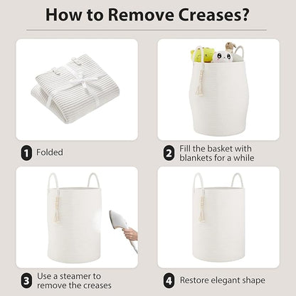 Fiona's magic Woven Rope Laundry Hamper, Tall Laundry Basket for Blanket Storage, Large Dirty Clothes Hamper for Toys, Decorative Baby Nursery Hamper for Bedroom, Living Room - White, 58L