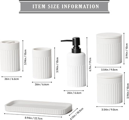 Bathroom Accessory Set - 6 Pieces Bathroom Accessories Set Complete with Soap Dispenser, Toothbrush Holders, Tumbler, Vanity Tray and 2 Qtip Holder for Home Organizer and Decor, White