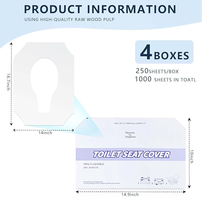 4 Pack (1000 Pieces) Disposable Toilet Seat Covers Flushable Paper Toilet Seat Cover for Bathroom, Hotels, Travel, Kids or Adults