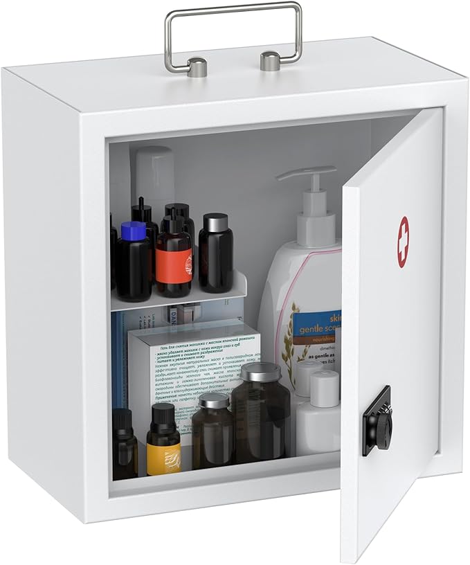 Uniclife Wall Mount Medicine Cabinet with Combination Lock & Handle Locking First Aid Cabinet Lockable Medical Cabinet Medium Medicine Organizer Secure Steel Wall Cabinet Metal Storage Box, White