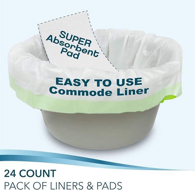 Disposable Bedside Commode Liners and Pads for Portable Toilet Chair Seat Bucket and Bedpan | Combo Pack of 24 Waste Bags and 24 Absorbent Pads | Universal Fit