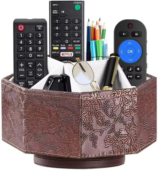 PU Leather Remote Control Holder,360 Degree Spinning TV Remote Caddy,9 Grids Desk Organizers and Accessories for Storage Controller,Calculator,Mail,Media,Pen,Phone etc (Antique)