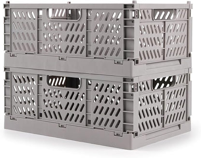 Domiella 2-Pack Crates for Storage, Storage Crates Plastic Stackable, Foldable Crate for Office Home Kitchen Bedroom Bathroom (Small, Gray)