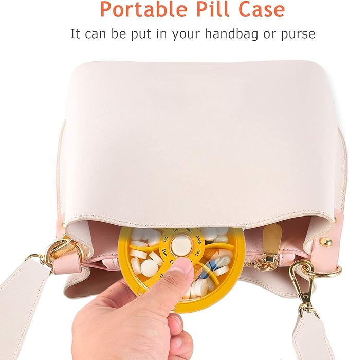 INVODA Weekly Pill Organizer 7 Compartment Rotating Pill Box for Daily Medication & Vitamins - Portable Travel Pill Case Fish Oil Supplements Vitamins Organizer (Orange+Bag)