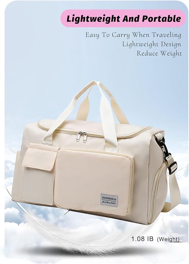 Multipurpose 20L Foldable Duffel Bag Gym Yoga Bag Carry-On Shopping Sack Travel Organizer Cabin Bag Sundry Package Wet&Dry Compartment (Beige)