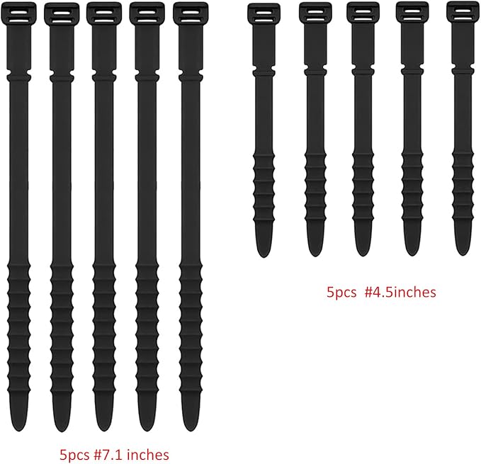 Silicone Zip Ties, Reusable Zip Ties, Rubber Cable Ties Straps for Wire Management, Elastic Silicone Ties Cable Organizer for Home Office, Black Cord Ties in Two Sizes 4.5" and 7.1" (5+5 Pcs Black)