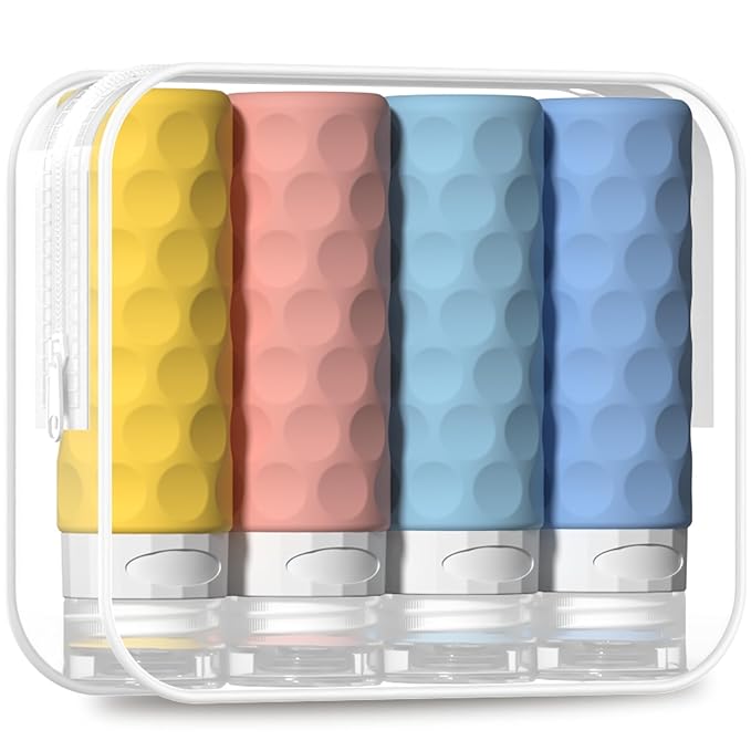 Travel Bottles for Toiletries, 4pcs Tsa Approved 3oz Travel Size Containers, BPA Free Leak Proof Premium Silicone Bottles, Refillable Liquid Squeezable Accessories W/Toiletry Bag(Bright)