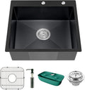 Black Kitchen Sink, Stainless Steel Topmount 25x22x9 Inch Single Bowl Drop In Kitchen Sink Combo- Stainless Grid,Soap Dispenser,Faucet Mat,Drain Strainer Set for Modern Style Kitchen&Bar