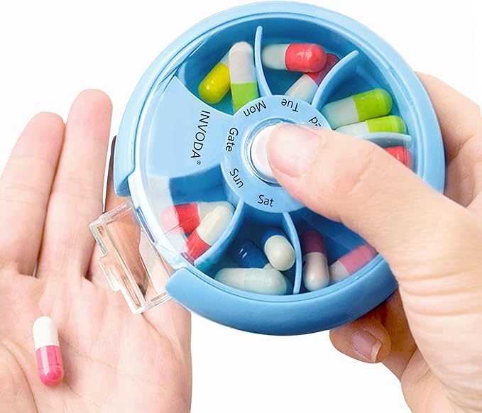 INVODA Weekly Pill Organizer 7 Compartment Rotating Pill Box for Daily Medication & Vitamins - Portable Travel Pill Case Fish Oil Supplements Vitamins Organizer (Sky Blue)