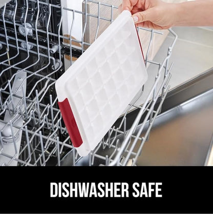 GORILLA GRIP BPA-Free Easy Release Ice Cube Tray for Freezer, Make Lots of Ice, 56 Cubes Total, Kit Includes 2 Stackable Leakproof Trays with Lid and Soft Handle Grips, Scooper, Bin, For Coffee, Red