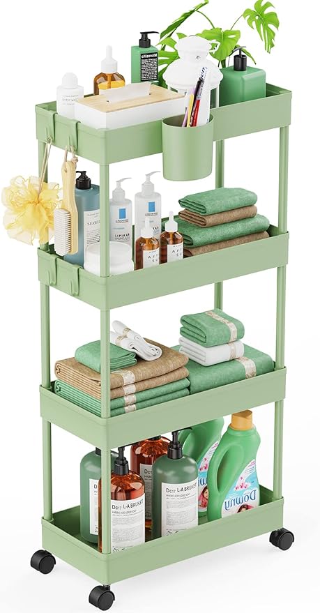 LEHOM Slim Rolling Storage Cart - 4 Tiers Bathroom Organizer Utility Cart Slide Out Storage Shelves Mobile Shelving Unit for Kitchen, Bedroom, Office, Laundry Room, Small Narrow Spaces, Green