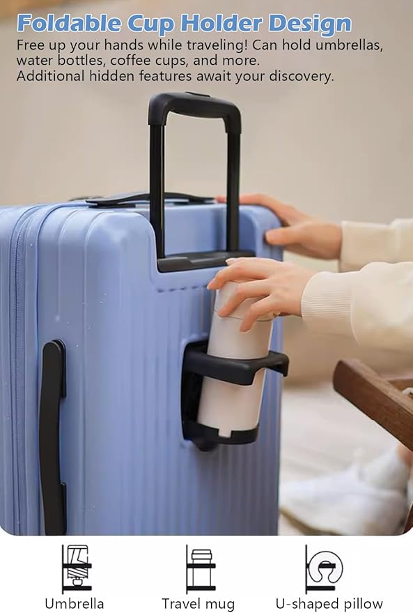 HotWay 26 Inch Expandable Checked Luggage with Cup Holder, Hardside TSA Approved Luggage with Spinner Wheels, Top Opening Suitcase For Travel, White