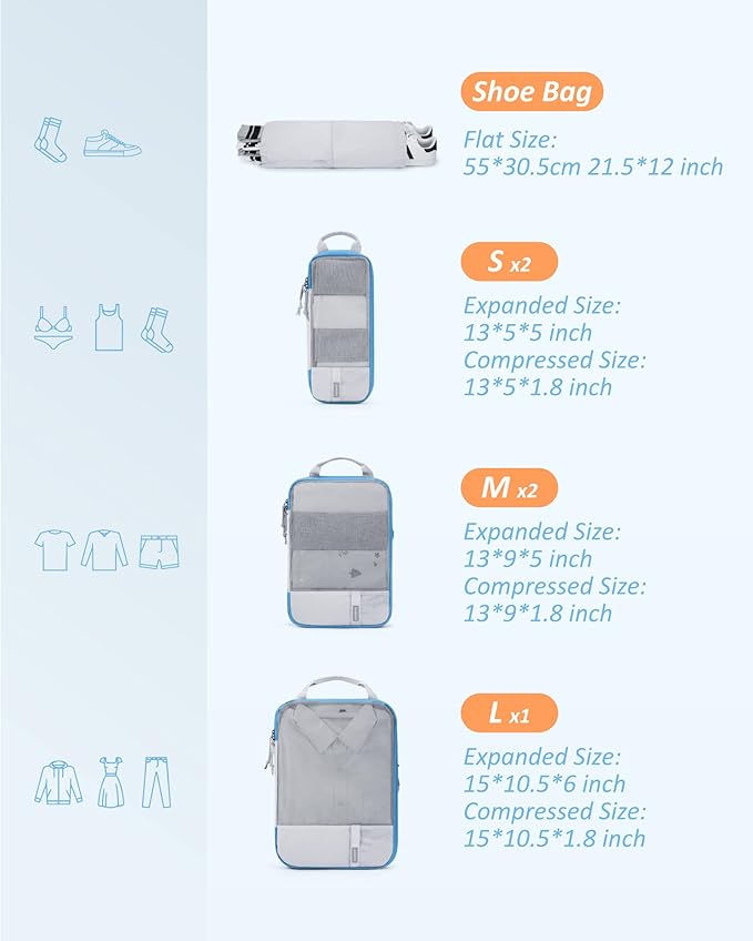 BAGSMART 6 Set Compression Packing Cubes - Lightweight Travel Essentials, Durable Luggage Organizer