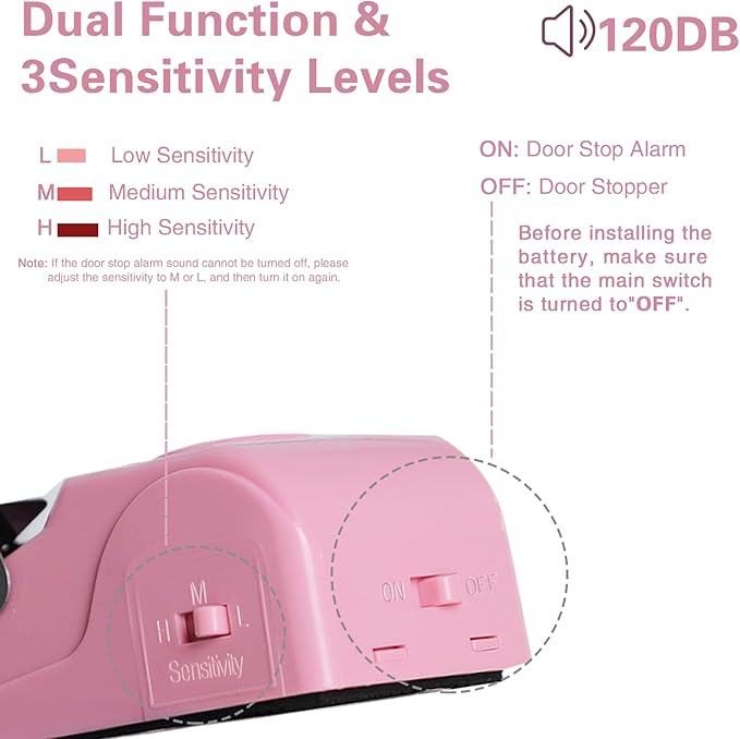 2 Pack Portable Door Stop Alarm, Door Stopper with 120db Loud Security Alarm, Travel Door, Doorstops Wedge Sensors Security Devices for Traveling Apartment Hotel and Home (Pink)
