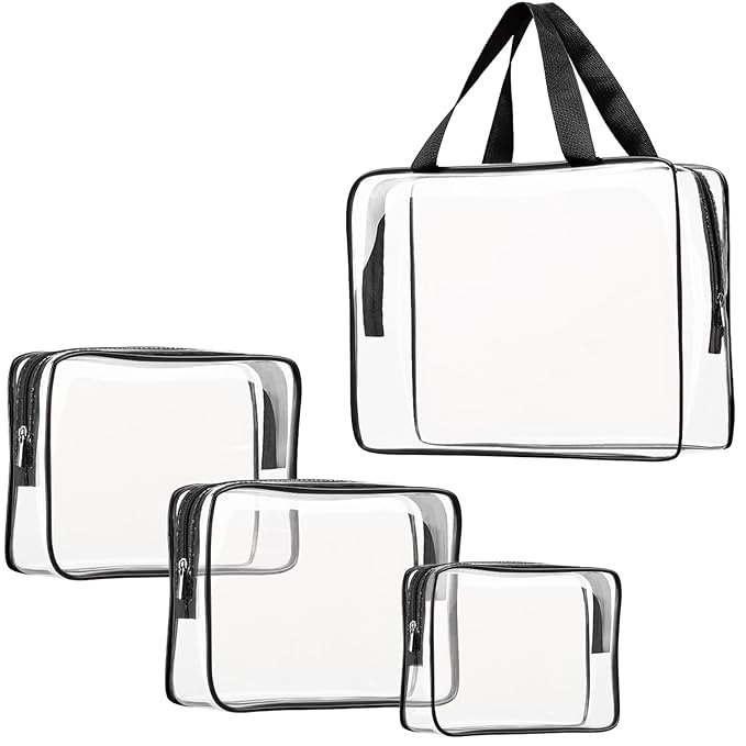 4Pcs Crystal Clear PVC Travel Toiletry Bag Kit for Women Men, Waterproof Vinyl Packing Organizer Storage Bags with Zipper Handle Straps, Cosmetic Pouch Carry on Airport Airline Compliant Bag Handbag