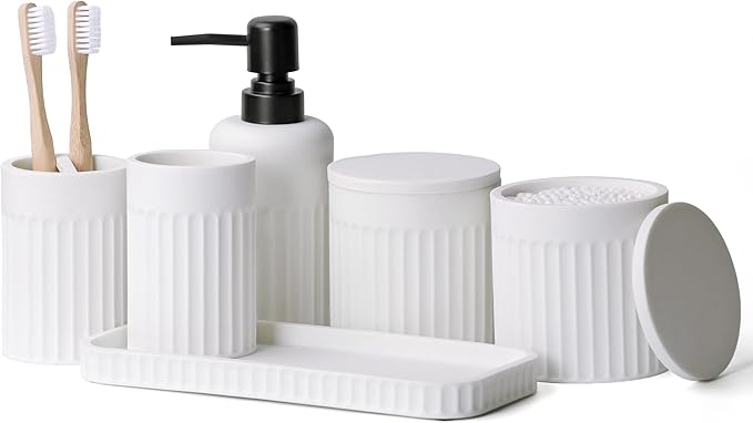 Bathroom Accessory Set - 6 Pieces Bathroom Accessories Set Complete with Soap Dispenser, Toothbrush Holders, Tumbler, Vanity Tray and 2 Qtip Holder for Home Organizer and Decor, White