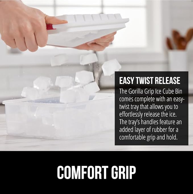 GORILLA GRIP BPA-Free Easy Release Ice Cube Tray for Freezer, Make Lots of Ice, 56 Cubes Total, Kit Includes 2 Stackable Leakproof Trays with Lid and Soft Handle Grips, Scooper, Bin, For Coffee, Red