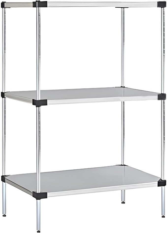 Omega Solid Stainless Steel Shelves, 24" Deep x 24" Wide x 34" High 3 Tier Heavy Duty Solid Shelving Unit for Kitchen Garage Office Restaurant Warehouse 800-lb Per Shelf Weight Capacity