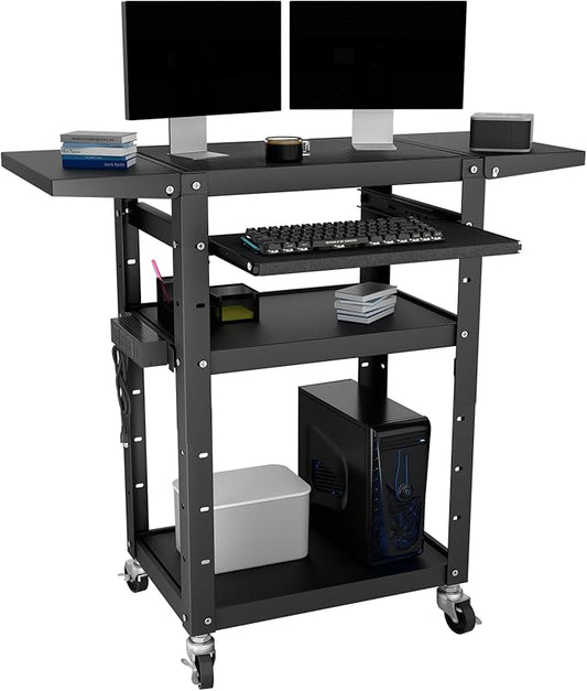 Mobile AV Cart with Pullout Keyboard Tray, Rolling Computer Cart Height Adjustable Rolling Media Utility Cart with 4 Wheels, 4 Outlets, Perfect for Home or Office Us