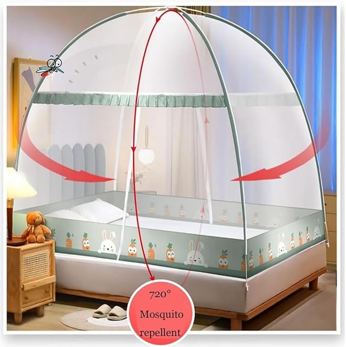 Pop-Up Mosquito Net Tent for Beds Portable Folding Canopy with Net Bottom, Fits Twin to King Size 79x71x59inch, Easy Install Wash for Baby Adults, Indoor Outdoor Use (Green RABIT-King Bed)