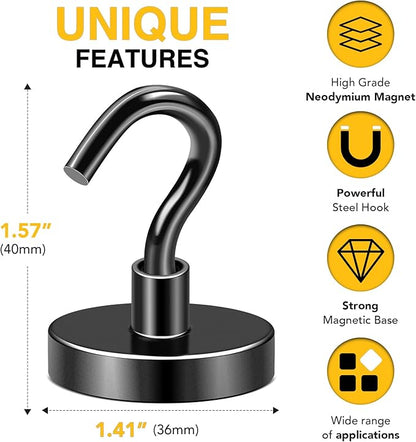 DIYMAG Black Magnetic Hooks, 170 LB Heavy Duty Strong Magnets with Hook, Rare Earth Neodymium Magnet for Hanging, Magnetics Hanger for Curtain, Home, Kitchen, Workplace, 6 Packs