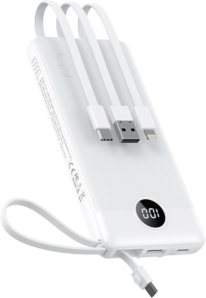 VEEKTOMX Portable Charger with Built in Cables 10000mAh, USB C Power Bank with 5 Outputs and LED Display, Small & Slim Battery Pack Compatible with iPhone/iPad/Samsung and Android Devices for Travel