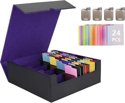 Venssu Card Storage Box For Trading Cards With Dedicated Card Supporters,3000+ Mtg Deck Box With 24 Colorful Divider Tabs,Trading Card Storage Fits For Magic Game Cards (Black and Purple)
