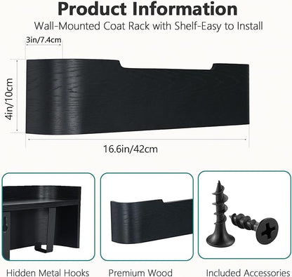 Coat Rack Wall Mount with Hidden Hooks Modern Key Holder Wood Entryway Hook with Shelf for Bedroom Kitchen Hallway Bathroom Designed for Hanging Coats Hats Bags Towels Dog Leashe(Black,4 Hooks)