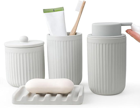 BosilunLife Light Grey Bathroom Accessories Set - Ceramic Bathroom Counter Soap Set Bathroom Decor Sets Accessories Bathroom Foam Soap Dispenser and Toothbrush Holder Set, Soap Dish, Apothecary Jars