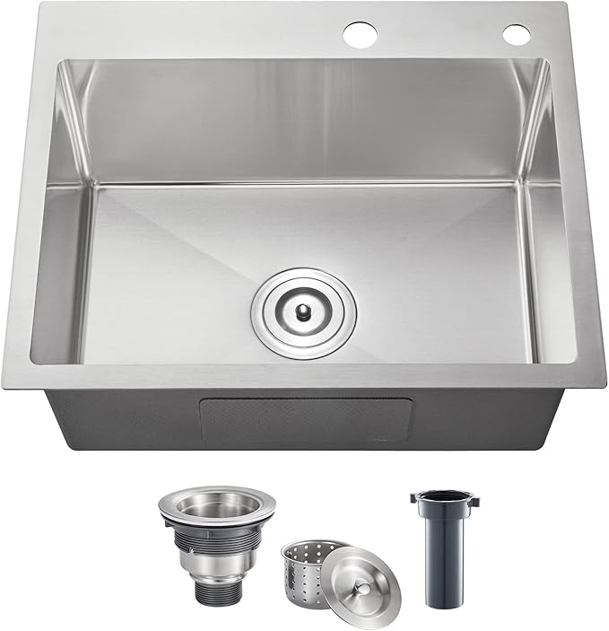 POPFLY 20×16 inch Drop In Kitchen Sink, 18 Gauge Stainless Steel Overmount Single Bowl Small Prep Bar Sink, Top mount Handmade Utility Deep Sinks with 2 Holes, Brushed Nickel
