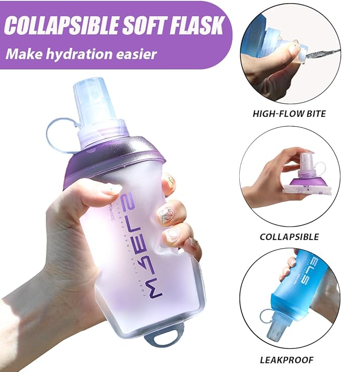 200ml/350ml/500ml Collapsible Soft Flask,BPA Free Folding Soft Water Bottle with Hanging Ring,Lightweight TPU Hydration Flask for Running Marathon Cycling Hiking(200ml-2 Packs)