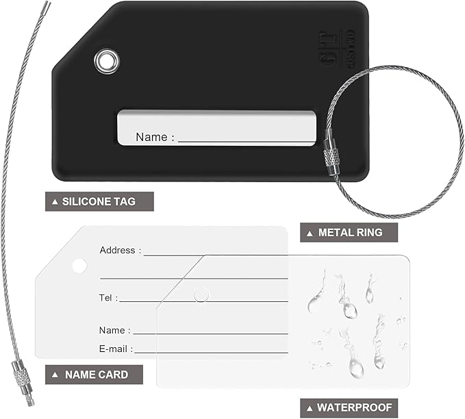 8 Pcs Luggage Tags for Suitcases, 26 Initial Letter Travel Luggage Baggage Identification Labels ID Tags Fully Bendable Tags with Stainless Steel Loop (Letter U, Black)