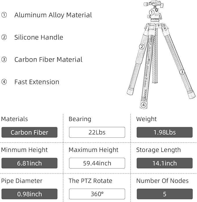Fotopro Carbon Fiber Tripod 60 Inch 360 Degree Ball Head Quick Release Plate Lightweight Camera Tripod for Travel Tripod Folded Height Only 14.2",Max Loads up to 22lbs,Orange