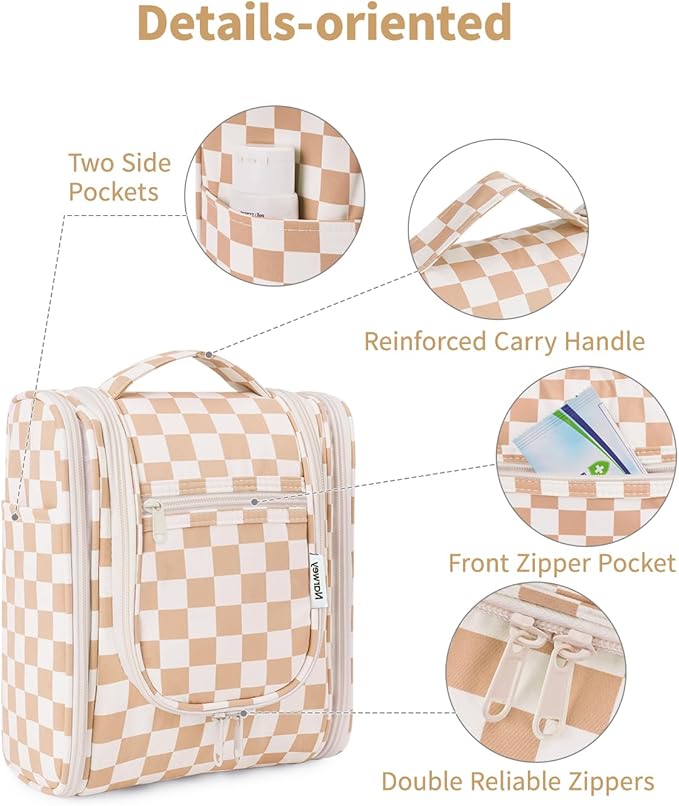 Narwey Small Checkered Hanging Travel Toiletry Bag for Women, Travel Bag for Toiletries, Makeup Bag Organizer Cosmetic Bags Make Up Bags for Women (Light Checkerboard)