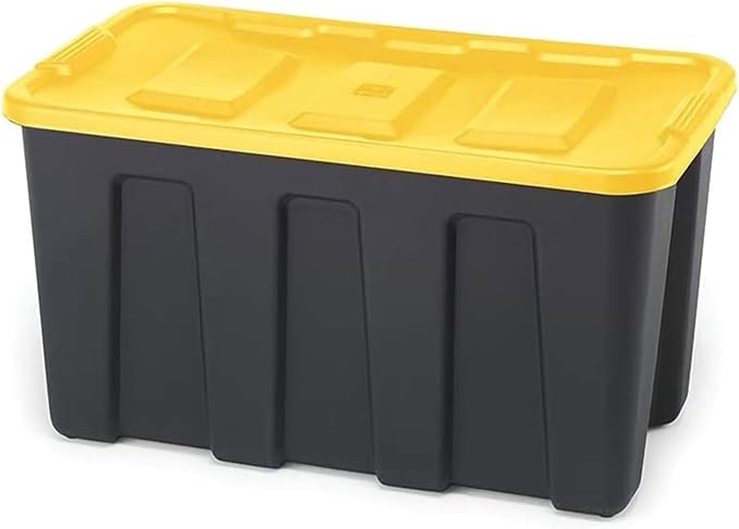 HOMZ 4-Pack Durabilt Tote, Heavy Duty Plastic Storage Bins with Lids, 34 Gallon, Black/Yellow - Stackable Organizing Containers for Home, Garage, and Office
