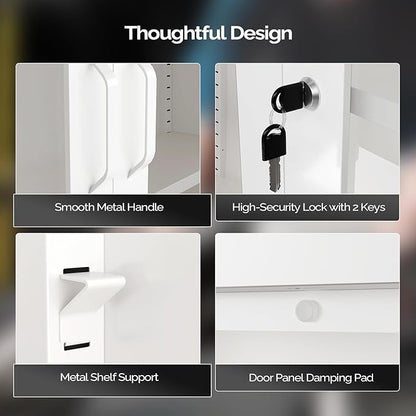 VINGLI Metal Wall Cabinet with Locking Glass Doors & Magnetic LED Sensor Light, Adjustable Shelf, Wall Mounted Storage Display Cabinets for Garage, Kitchen, Home Office, Warehouse, Living Room, White