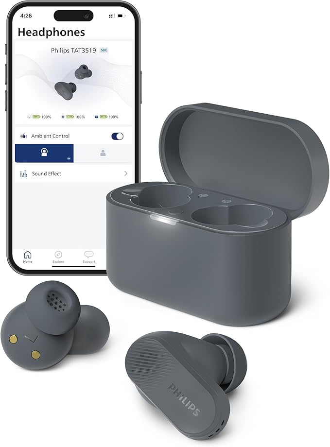 PHILIPS TAT3519 Wireless Earbuds,True Wireless Headphones with Noise Canceling Pro,Dynamic Bass,Clear Call,24 H Battery Life,Fast Charging,Bluetooth 5.3,IPX4,App/Touch Control,Black