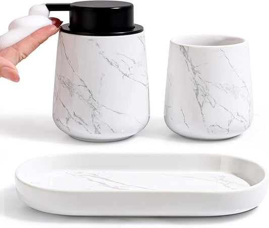 BosilunLife Bathroom Accessories Set 3 pcs - Bathroom Ceramic Foaming Soap Dispenser Set Farmhouse Marble Bathroom Decor, Foam Soap Dispenser and Toothbrush Holder/Tumbler Cup, Tray