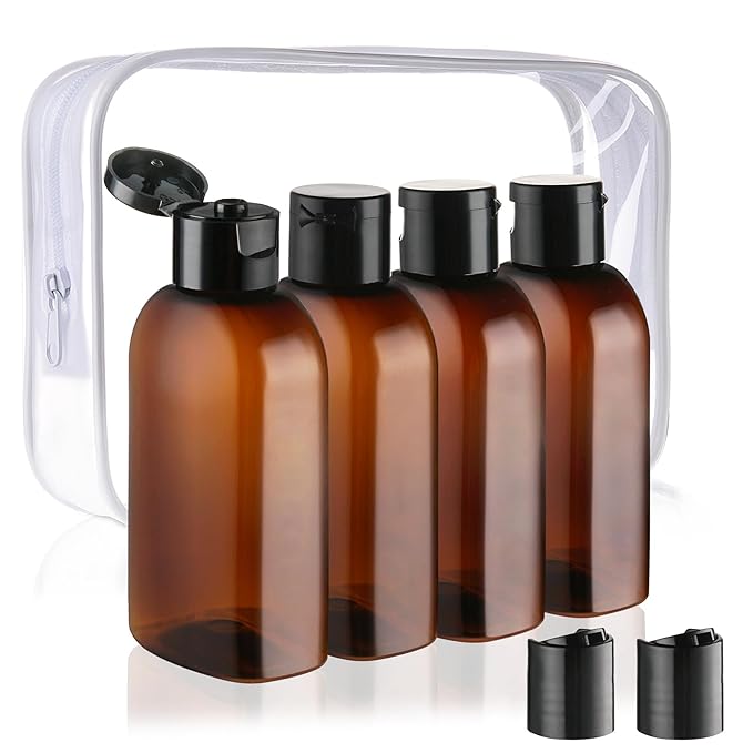 Cosywell Travel Shampoo Bottles 4pcs 3.4oz TSA Approved Travel Size Bottles for Toiletries Leak Proof Empty Lotion Containers with Flip Cap Small Plastic Squeeze Bottles, Amber