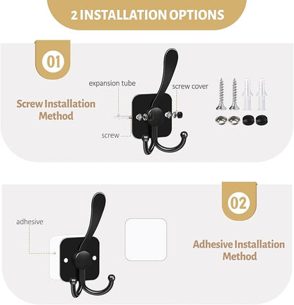 VIS'V 3 Prong Coat Hooks Wall Mount, Metal Self Adhesive Entryway Wall Hooks, 2 Mount Options, Black, 4 Pcs