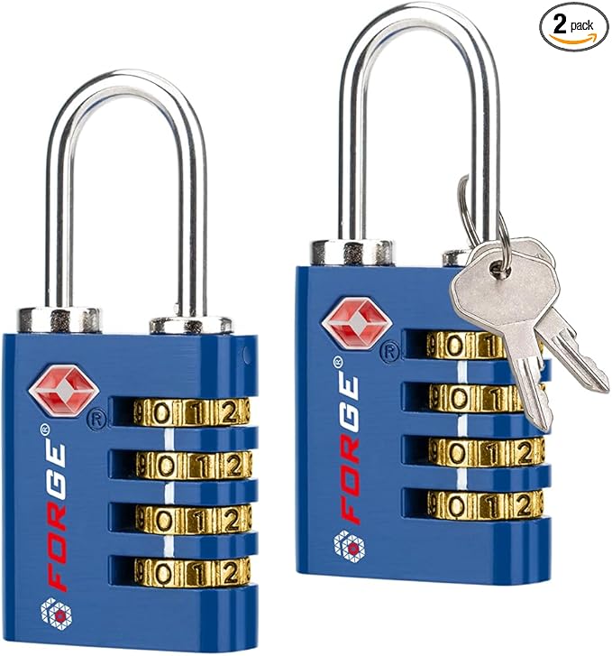 Forge Dual-Opening: Key or Combination Access Lock, TSA Approved Locks for Luggage, Pelican case, Travel, Gym, School, Stainless Steel Shackle. (Blue 2 Pk)